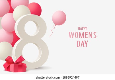 8 March. International Womens Day gift card design template with Happy Womens Day text, balloons and gift box with decorative red bow and ribbon. Vector illustration.