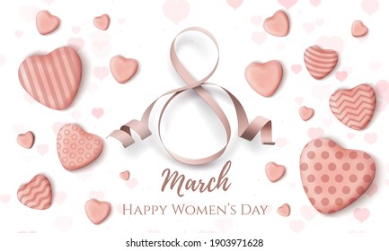 8 march, International Women's day card. Minimalism web design template with realistic candy hearts on white background. Brochure, header, greeting card or poster template. Vector illustration.