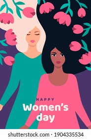 8 march, International Women's Day. Vector illustration. Template for card, poster, flyer and brochure cover. Woman different nationalities with long hair and flowers frame. Place for text