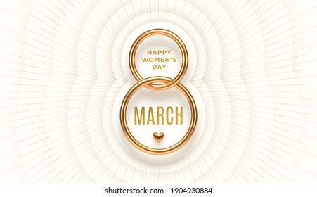 8 March - International women's day vector illustration. Realistic gold number eight and glitter gold greeting on a white layered background with light burst rays.