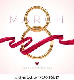 8 de marzo - Tarjeta de saludo del Día Internacional de la Mujer. Oro número ocho, corazón de rubí y cinta roja de pintura sobre fondo de color claro. Diseño para tarjetas de felicitación, invitación, volante, etc. Vector.