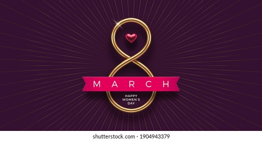 8 March - International women's day greeting card. Realistic golden metal number eight, ruby heart and ribbon on dark purple background. Design for greeting card, invitation, flyer and etc. Vector. - Shutterstock ID 1904943379