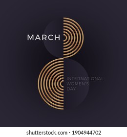 8 March - International women's day greeting card. Abstract golden number eight on dark background. Design for greeting card, invitation, flyer and etc. Vector illustration.