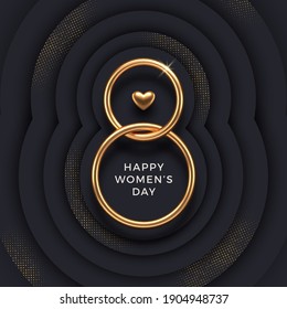 8 March - International women's day vector illustration. Realistic gold metal number eight and heart on a black  layered background with golden halftone. Design for greeting card, invitation, poster.