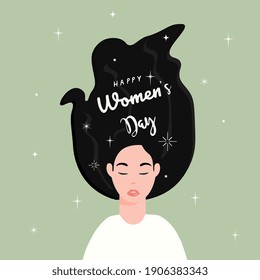 8 March, International Women's Day. Charming happy girl with long hair. Vector template with for card, poster, flyer and other users