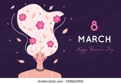 8 March. International Women's Day. Portrait of girl with raised hair decorated with many flowers on dark background. Woman with blooming hairstyle. Spring holiday. Poster, invitation, banner. Vector