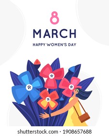 8 March. International Women's Day. Beautiful and joyful girl holding huge bouquet of flowers. Disproportionate body. Trendy character design. Spring holiday. Poster, invitation, banner. Vector