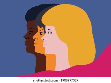 8 March of International women's day. Three races women silhouettes. We can do it. Girl's power.