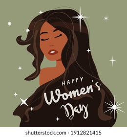 8 March, International Women's Day. Charming happy girl with long hair. Vector template with for card, poster, flyer and other users