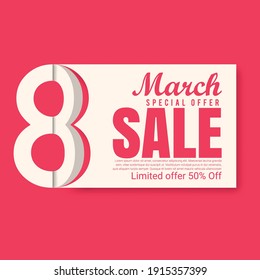 8 March. International Women's Day. Number 8 with text on background. Vector Illustration.