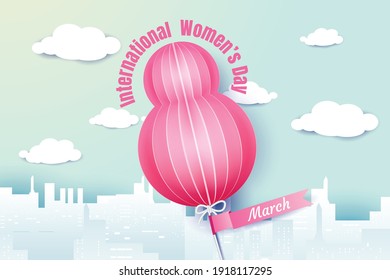 8 March international women's day card. balloon shaped as big eight in the air on the city. Vector illustration