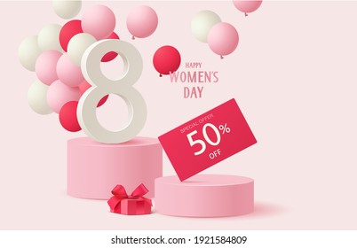 8 March. International Womens Day sales design template. Festive background with number 8, red and white balloon, gift box and discount price tag on pink round podium. Vector stock illustration.