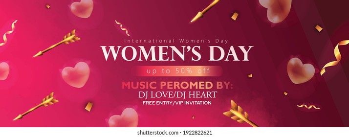 8 March, International Women's Day Number 8 with ribbon text and confetti on background