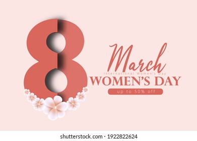 8 March, International Women's Day Number 8 with ribbon text and confetti on background