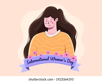 8 March International Women's Day illustration with cute woman. Greeting Happy International Woman day. Women's Day 2021 campaign theme ChooseToChallenge. Can be use for banner, poster, postcard.