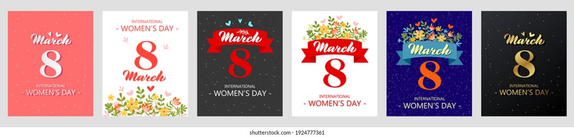 8 march international women's day - set of vector greeting cards. A set of cards with the image of spring plants, leaves and flowers, a greeting inscription, and inscription.