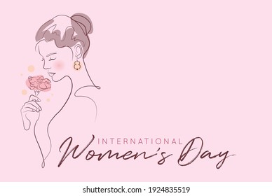 8 March - International Women's Day continuous line art drawing. Abstract minimal linear woman portrait with flower. Hand drawn feminine minimalistic modern art. Beauty and fashion concept. 