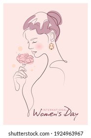 8 March - International Women's Day continuous line art drawing. Abstract minimal linear woman portrait with flower. Hand drawn feminine minimalistic modern art. Beauty and fashion concept. 
