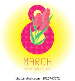 8 March International Women's Day. Card with flowers tulips of pink color, an inscription on a light yellow background. Vector illustration