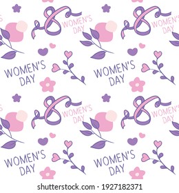8 march, international women's day themed seamless pattern background made of hand drawn vector illustration clip art drawings and elements.
