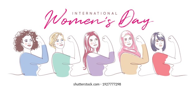 8 March - International Women's Day Banner In Continuous Line Art Drawing. Hand Drawn Feminism Minimalistic Modern Art. Girl Power 'We Can Do It!' Concept. Abstract Minimal Linear Woman Portrait.