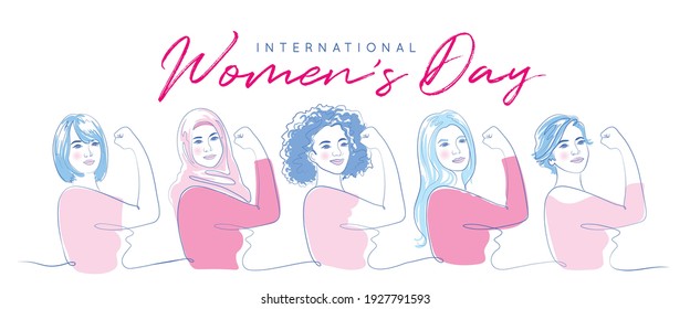 8 March - International Women's Day banner in continuous line art drawing. Hand drawn feminism minimalistic modern art. Girl power 'We Can Do it!' concept. Abstract minimal linear woman portrait.