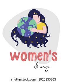 8 march international women's day vector illustration concept, a woman hugging the earth, and her hair cover earth like the universe. Happy women's day, can use for, landing page, ui, web, mobile app.