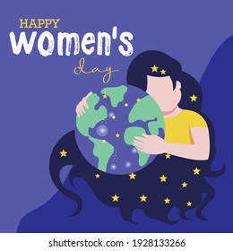 8 march international women's day vector illustration concept, a woman hugging the earth, and her hair cover earth like the universe. Happy women's day, can use for, landing page, ui, web, mobile app.