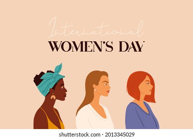 8 march, International Women's Day. Portraits of girls. Feminism, female's empowerment movement and sisterhood concept design.