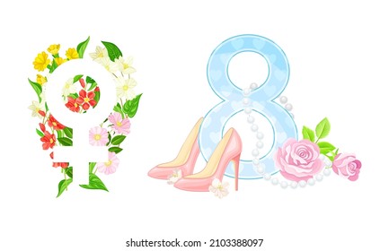 8 March International Womens Day cards design set. Number 8 with bouquet of spring flowers, high heel shoe and gender female sign vector illustration