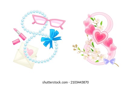 8 March International Womens Day cards design set. Pink number 8 with spring flowers, glasses, lipstick and beads vector illustration