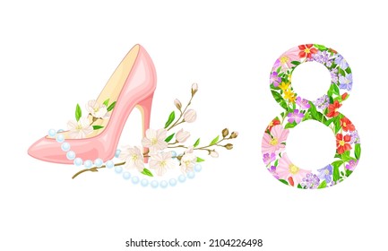 8 March International Womens Day cards design set. Number 8 and pink high heel shoe with cherry blossom flowers vector illustration