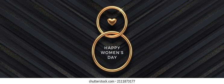 8 de marzo - Ilustración vectorial del Día Internacional de la Mujer. El metal oro realista número ocho y el corazón en negro   fondo con medio tono dorado. Diseño para tarjeta de saludo, invitación, afiche o volante