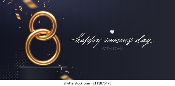 8 March - International women's day vector illustration.  Realistic gold metal number eight and golden confetti on a dark background. Design for greeting card, invitation, flyer and etc.