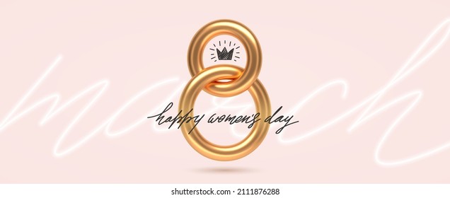 8 March - International women's day vector illustration.  Realistic 3d gold metal number eight and hand drawn script greeting on a neon light background. Design for greeting card, invitation, flyer