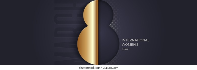 8 March - International women's day greeting card. Abstract golden number eight on dark background. Design for greeting card, invitation, flyer and etc. Vector illustration.