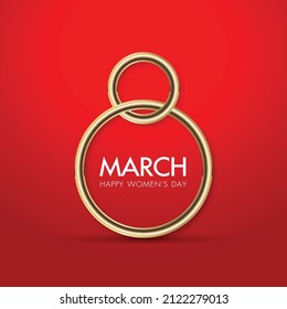 8 March International women's day greeting card - Golden number 8 on a red background . Vector illustration