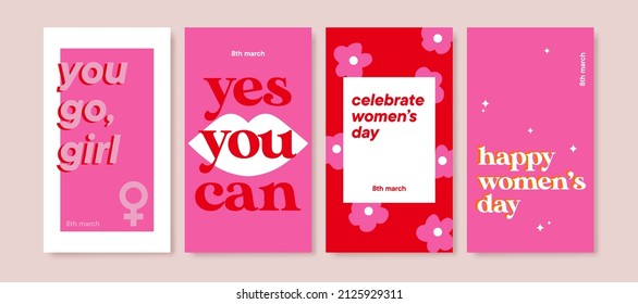 8 March. International Women's Day banner. Editable post template set for banner sale, presentation, invitation, stories, streaming. Screen backdrop for mobile app. Social media story mockup.