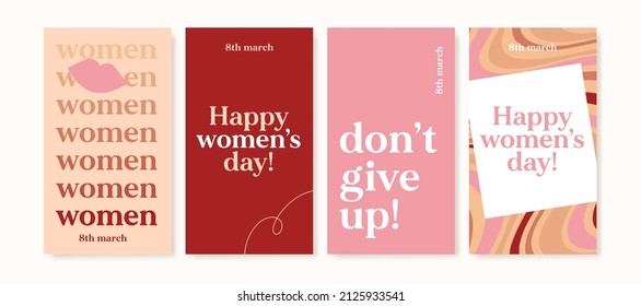 8 March. International Women's Day banner. Editable post template set for banner sale, presentation, invitation, stories, streaming. Screen backdrop for mobile app. Social media story mockup.