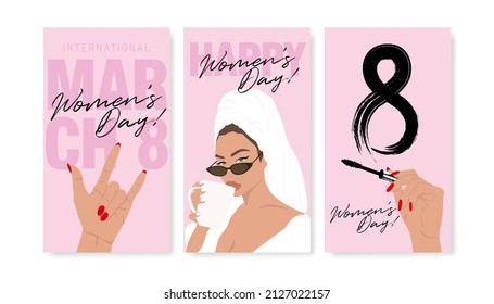 8 March. International Women's Day banner. Editable post template set for banner sale, presentation, invitation, stories, streaming. Screen backdrop for mobile app. Social media story mockup.