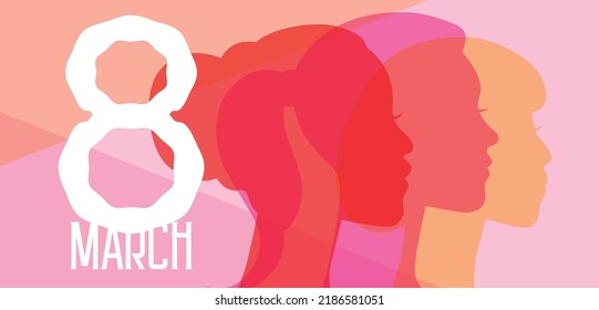 8 march international women's day banner vector. Beautiful women of different ethnicities profile portraits silhouettes.