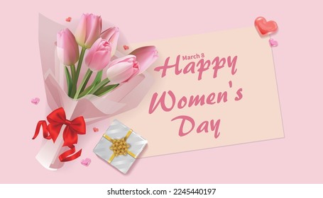 8 March International Women's Day banner with bouquet of pink tulips and gift on pink background