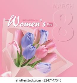 8 March International Women's Day card with realistic tulips