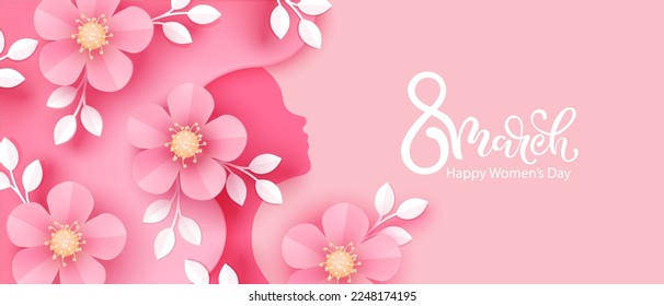 8 de marzo.  Tarjeta de saludo del Día Internacional de la Mujer. Flores rosas de papel, silueta de mujer. 