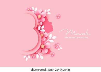 8 March.  International Women's Day greeting card. Paper art pink flowers, leaves, woman silhouette. 