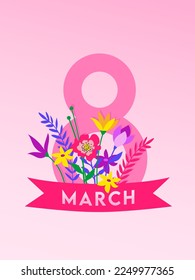 8 March, international women's day. Poster or banner with flower and on pink background. Promotion and shopping template for Love and women's day concept. March sign with the decor of spring plants, l