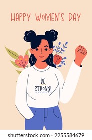 8 march, International Women's Day. Greeting card or postcard templates with young woman for card, poster, flyer. Girl power, feminism, sisterhood concept.