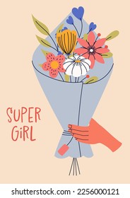 8 march, International Women's Day. Greeting card or postcard templates with bouquet of flowers for card, poster, flyer. Girl power, feminism, sisterhood concept.