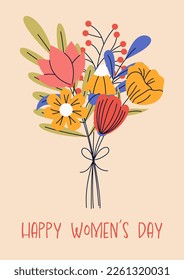 8 march, International Women's Day. Greeting card or postcard templates with bouquet of flowers for card, poster, flyer. Girl power, feminism, sisterhood concept.