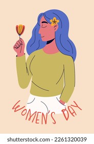 8 march, International Women's Day. Greeting card or postcard templates with young woman for card, poster, flyer. Girl power, feminism, sisterhood concept.